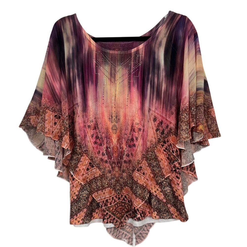 World Unity Pink Purple Rhinestone Butterfly Top Womens M Blouse Y2K Beachy